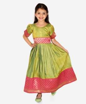 Ethnic Silk Booti Party Dress Gown For Girls- Green
