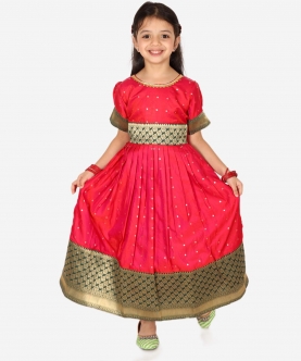 Ethnic Silk Booti Party Dress Gown For Girls- Pink