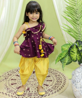 Chanderi Silk One Shoulder Peplum With Dhoti-Purple