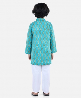 Cotton Printed Asymmetric Front Open Kurta Pajama- Green