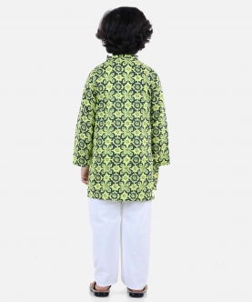 Cotton Printed Asymmetric Front Open Kurta Pajama- Yellow
