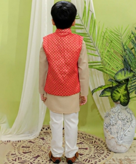 Fetive Wear Jacquard Nehru Jacket & Kurta Pajama Sets Coral