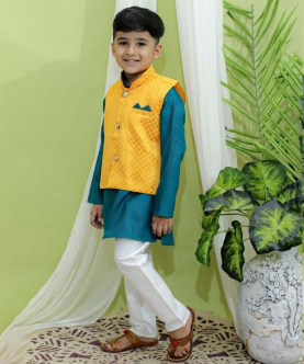 Festive Wear Jacquard Jacket With Cotton Kurta Pajama Yellow