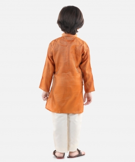 Boys Ethnic Full Sleeve Jacquard Kurta Pajama- Orange