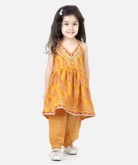 Halter Neck Pure Cotton Kurti With Harem For Girls- Yellow