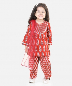 Pure Cotton Kurti With Pant & Dupatta For Girls- Maroon