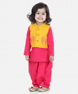 Front Open Embroidered Kurta Dhoti for Boys-Yellow