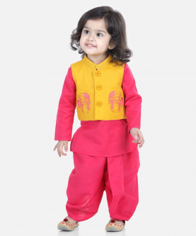 Front Open Embroidered Kurta Dhoti for Boys-Yellow