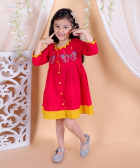 Cotton Embroidered Causal and Party Wears Frock Dress - Red