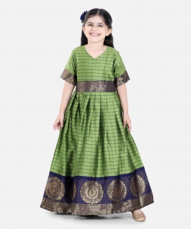 Girls Silk South Indian Party Long Dress - Green
