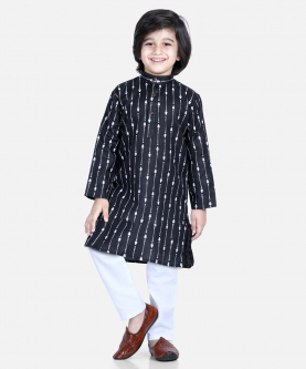 Printed Full Sleeve Cotton Kurta Pajama for Boys-Black