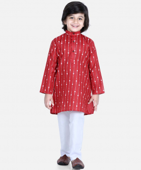 Printed Full Sleeve Cotton Kurta Pajama for Boys-Red