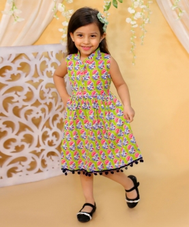 Kids Wear Pure Cotton Printed Causal Frock-Green