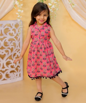 Kids Wear Pure Cotton Printed Causal Frock- Pink