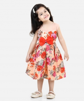 Round Neck Floral Print Party Frock And Dresses Orange