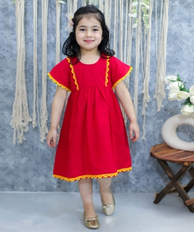 Kids Wear Pure Cotton Panelled Summer Frock -Red