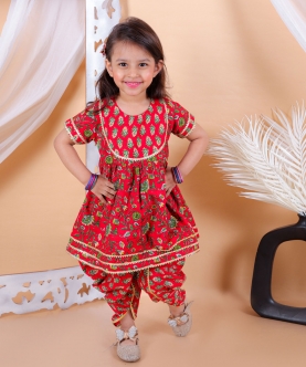 Kids Wear Pure Cotton Printed Top with Dhoti -Red