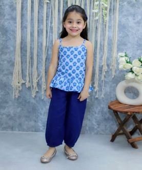 Kids Wear Pure Cotton Printed Top with Harem Pants- Blue