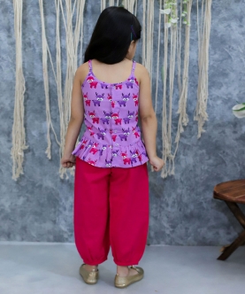 Kids Wear Pure Cotton Printed Top with Harem Pants-Purple