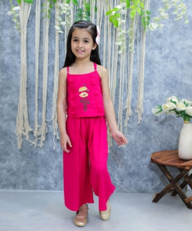 embroidery Cotton Spaghetti Top with Palazzo Pants- Pink