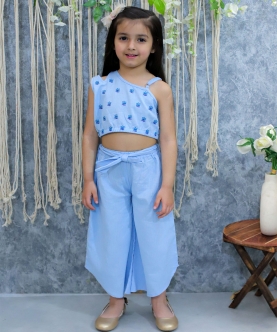 Kids Wear Cotton Embroidered Top with Palazzo Pants- Blue