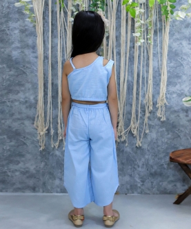 Kids Wear Cotton Embroidered Top with Palazzo Pants- Blue