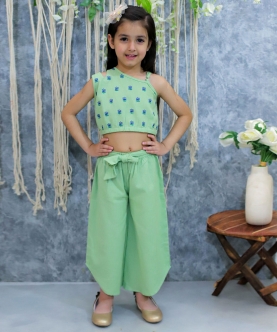 Kids Wear Cotton Embroidered Top with Palazzo Pants- Green