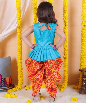 Kids Wear Patan Patola Patch Top with Printed Dhoti- Blue