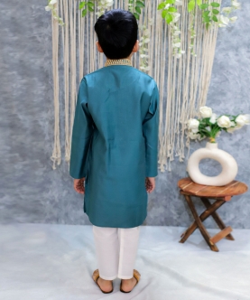 Boys Embroidery Full Sleeve Cotton Kurta with Pajama  Green