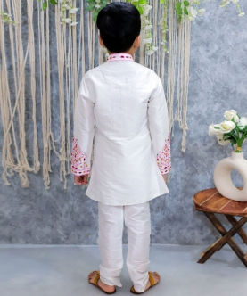 Boys Embroidered Full Sleeve Sherwani with Pajama  White