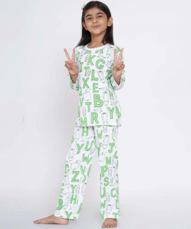 Berrytree Organic Cotton Night Suit Girls-Green Alphabets