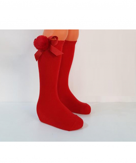 Girls Red Knee Length Sock With Pom Pom And Ribbon
