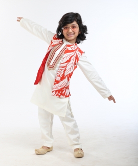 White Kurta Pyjama Floral Nehru Jacket Set 