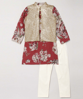 Linen Printed Kurta With Gold Sequins Vest Coat And Pyjama