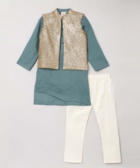 Linen Asymmetric Hem kurta With Gold Sequins Vest Coat And Pyjama-Green