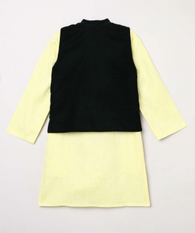 3 Pcs Linen Kurta Set With Velvet Vest Coat And Pyjama