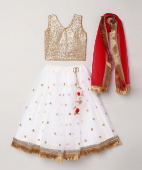 Gold Sequin Blouse With Sequin Embroidere Skirt And Contrast Dupatta
