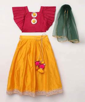 Chenderi Pleated Sleeve Blouse With Contrast Gota Worked Skirt And Dupatta