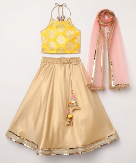 Pure Banarasi Blouse With Gold Foil Coated Skirt And Dupatta Set