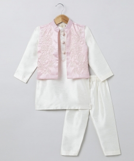 Boys Pearl Hand Embroidery Raw Silk Kurta Pyjama With Jacket