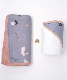Bamboo Muslin Baby Blanket Hooded Towel Set-Rabbit Farm