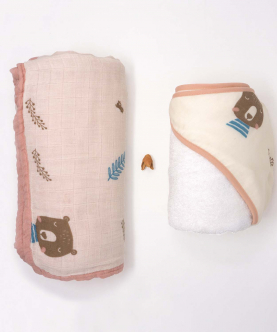 Bamboo Muslin Baby Blanket Hooded Towel Set-Woodland Friends