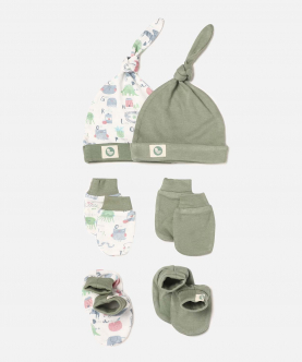 Newborn Baby Bamboo Cap Mitten Booties Set Of Two-Learn & Sage Green