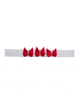 Three red satin small bows with tails and swarovski on soft headband