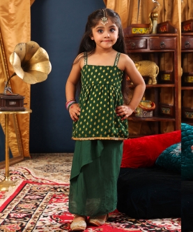 Girl Top And Dhoti Skirt Set-Bottle Green