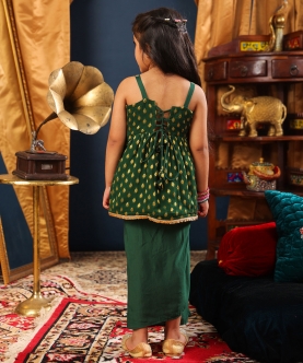 Girl Top And Dhoti Skirt Set-Bottle Green
