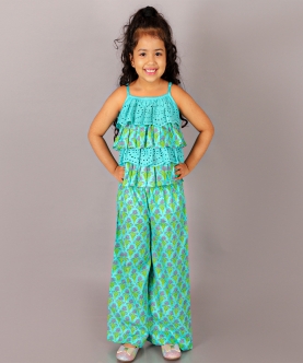 Folklore Girls Green Crop Top With Pants Co-Ordinate Set