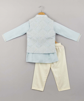Chikankari Embroidery Jacket With Kurta And Pyjama-Blue