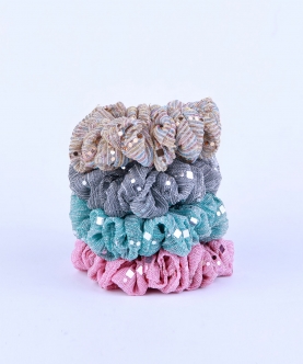 Sparkly Scrunchies Set In Beige, Grey, Teal, And Pink