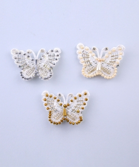 Set Of 3 Beaded Butterfly Hairclips In White, Ivory,And Gold